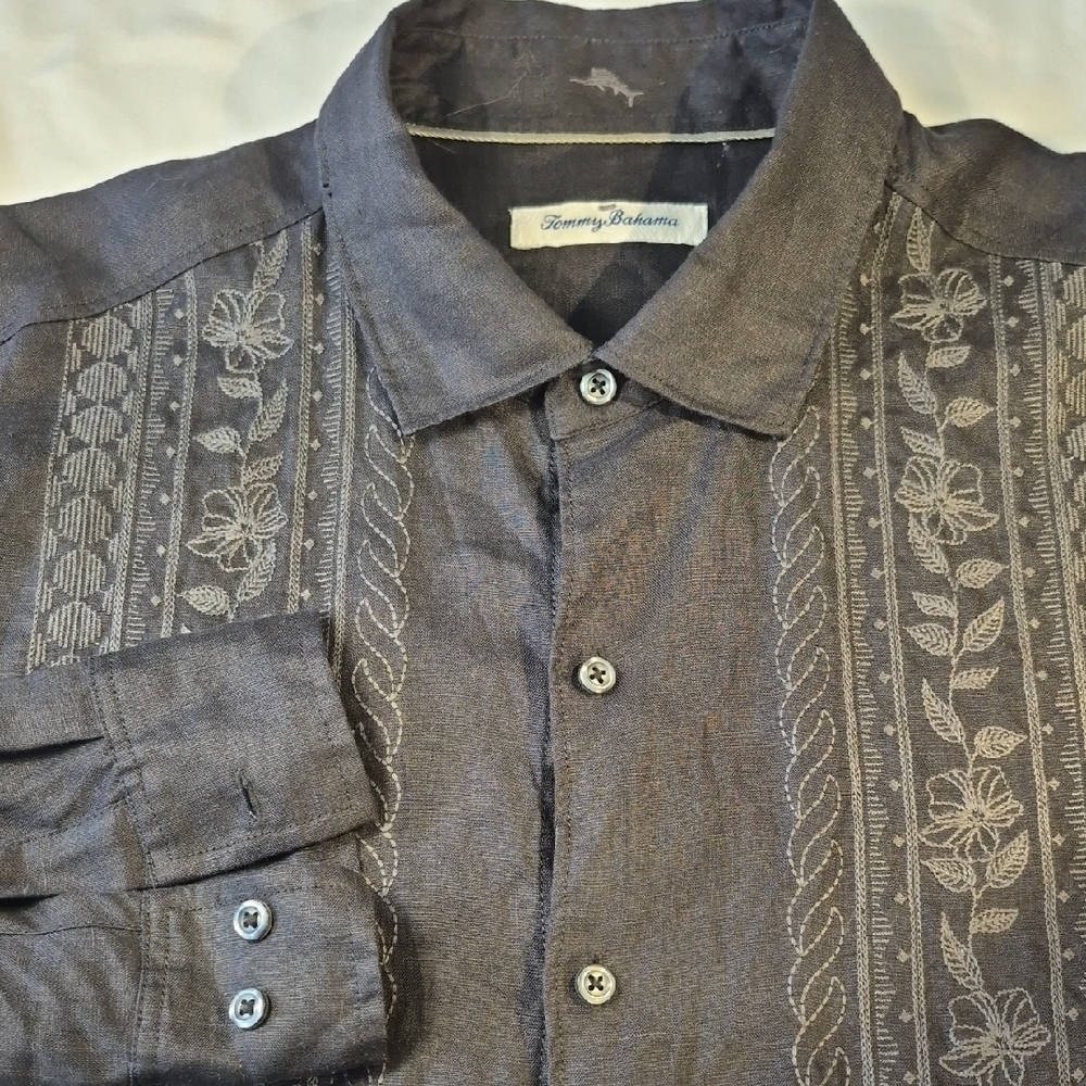 Tommy Bahama Gray Floral Embroidered Casual Button Down Shirt